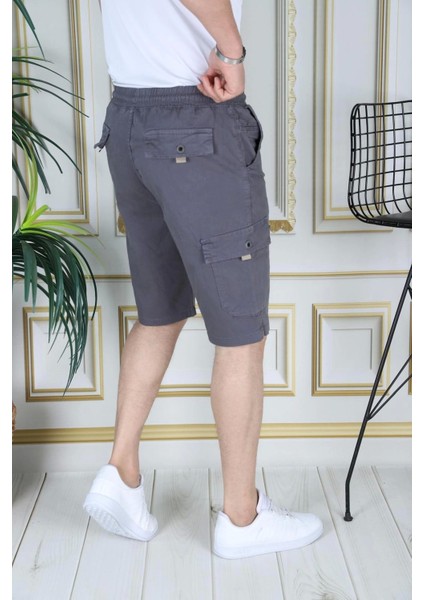 Erkek Gri Likralı Gabardin Şort Kargo Cepli Pamuklu Beli Lastikli Bağcıklı Basic Şort