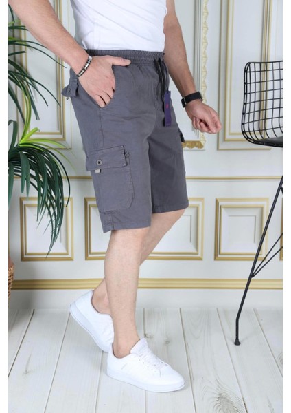 Erkek Gri Likralı Gabardin Şort Kargo Cepli Pamuklu Beli Lastikli Bağcıklı Basic Şort