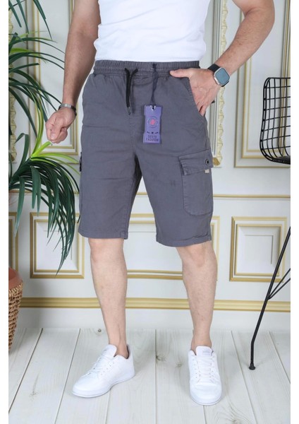 Erkek Gri Likralı Gabardin Şort Kargo Cepli Pamuklu Beli Lastikli Bağcıklı Basic Şort