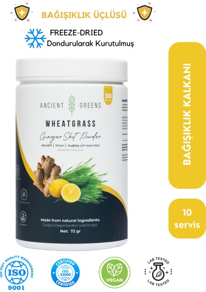 Ginger Shot Büyük Boy 72G 30 Porsiyon Zencefil, Limon, Buğday Çimi Suyu Tozu Dondurularak Kurutulmuş, Glutensiz, Vegan