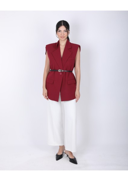 Bordo Vatkalı Kemerli Oversize Yelek modelleri