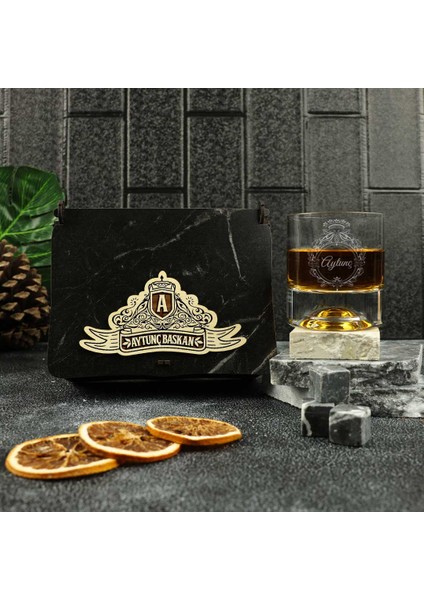 Ahşap Kutulu Vintage Tasarımlı Kişiye Özel Taşlı Viski Kadehi Seti