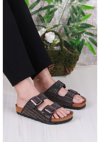 8731 Anatomik Rahat Taban Taşlı Çift Tokalı Şık Kadın Terlik