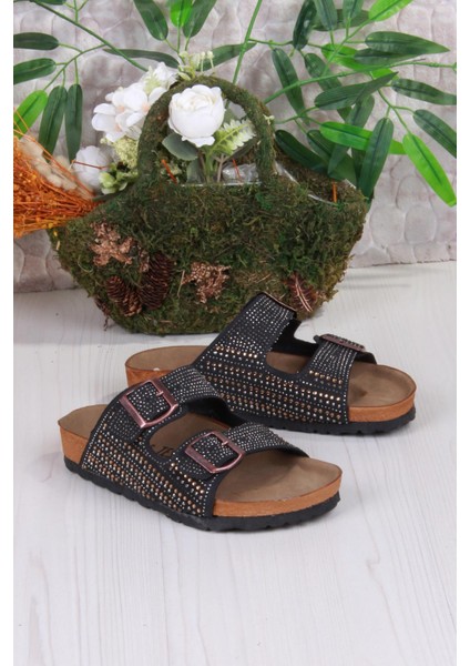 8731 Anatomik Rahat Taban Taşlı Çift Tokalı Şık Kadın Terlik modelleri