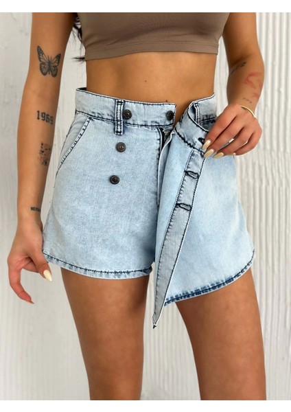 Kot Jeans Kesimetrik Kesim Cepli Şortlu Etek - Gri