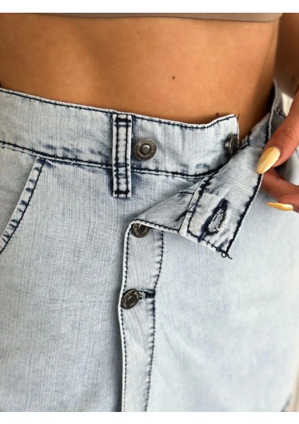 Kot Jeans Kesimetrik Kesim Cepli Şortlu Etek - Gri