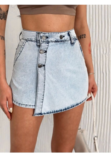 Kot Jeans Kesimetrik Kesim Cepli Şortlu Etek - Gri