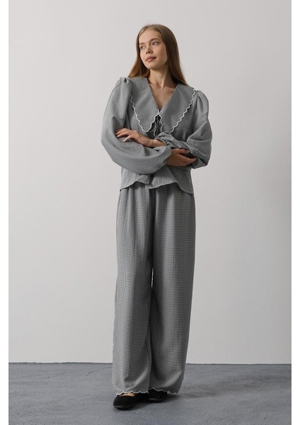 Işlemeli Bebe Yakalı Pantolon Takım - Siyah modelleri