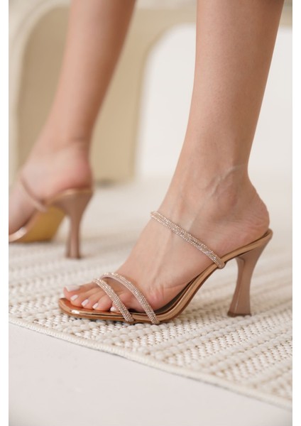 Alvina Premium Bronz Ayna Taşlı Kadın Topuklu Terlik indirimleri