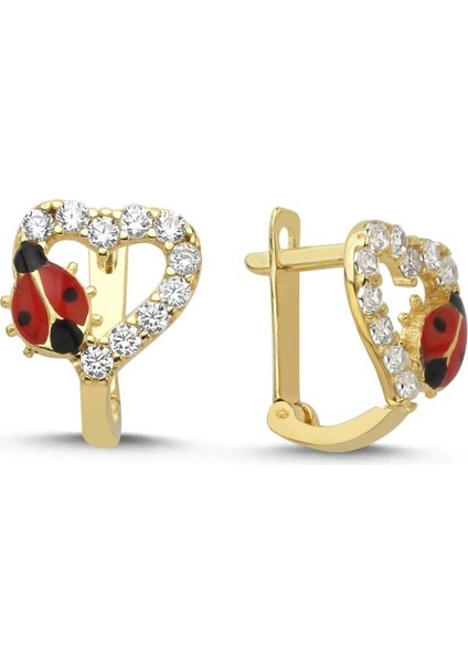 14 Ayar Taşlı Kalp Uğur Böceği Tasarım Çocuk Altın Küpe