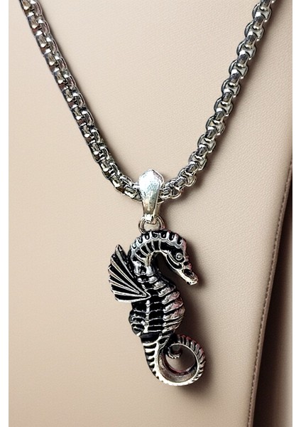 Gümüş Kaplama Krom-Çelik Erkek Kolye Madalyon Deniz Atı Sea Horse