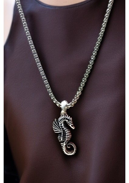 Gümüş Kaplama Krom-Çelik Erkek Kolye Madalyon Deniz Atı Sea Horse
