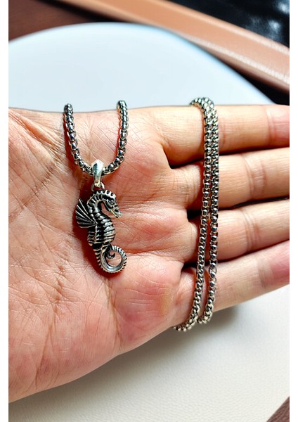 Gümüş Kaplama Krom-Çelik Erkek Kolye Madalyon Deniz Atı Sea Horse