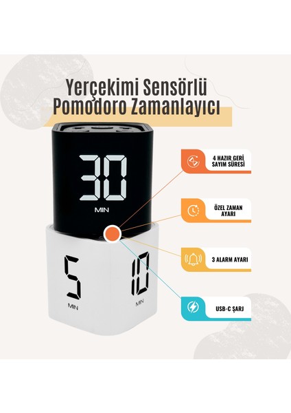 GT-1 Pomodoro Zamanlayıcı Küp | Flip Timer | Öğrenci Ders Çalışma Saati, Geri Sayım, Mutfak Kronometresi - Beyaz
