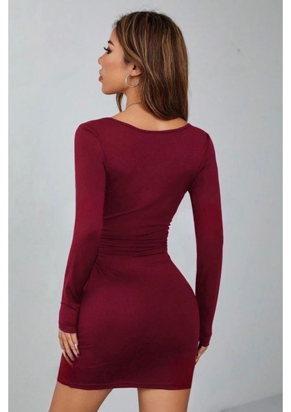 Bordo Kare Yaka Uzun Kollu Likralı Mini Elbise ( Mevsimlik ve Kışlık )