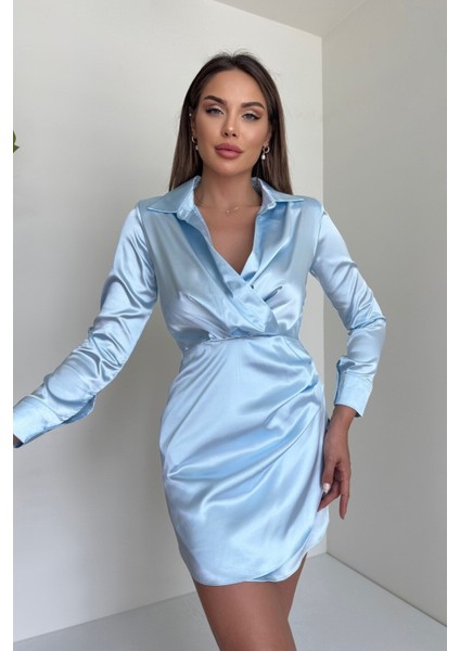Saten Vatkalı Gömlek Elbise