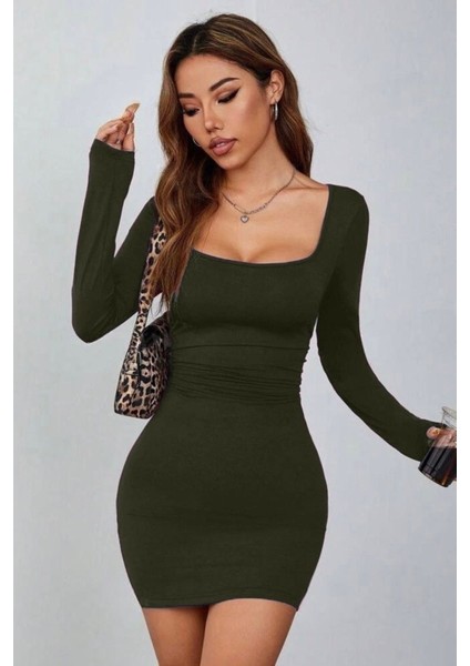 Haki Kare Yaka Uzun Kollu Likralı Mini Elbise ( Mevsimlik ve Kışlık )