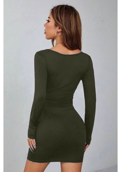 Haki Kare Yaka Uzun Kollu Likralı Mini Elbise ( Mevsimlik ve Kışlık ) fiyatları