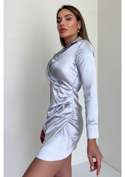 Saten Vatkalı Gömlek Elbise