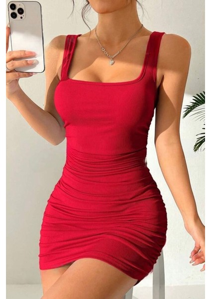 Kadın Kırmızı Askılı Fitilli Örme Kaşkorse Elbise