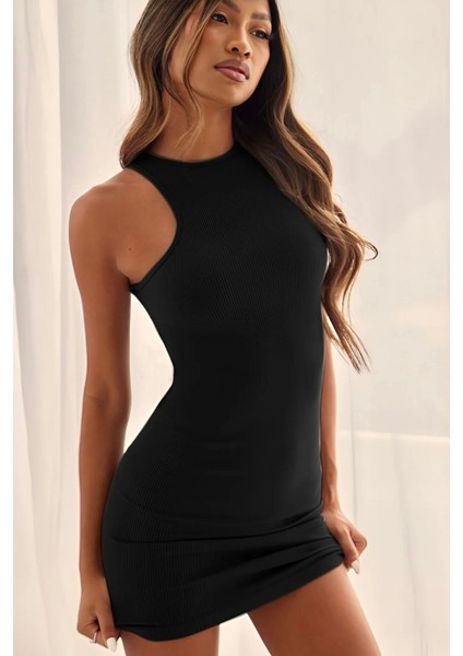 Kadın Siyah Halter Yaka Kolsuz Kaşkorse Likralı Mini Elbise - Esnek, Günlük & Gece Elbisesi
