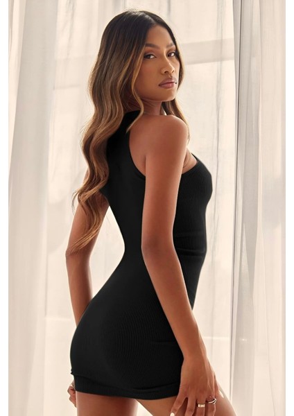 Kadın Siyah Halter Yaka Kolsuz Kaşkorse Likralı Mini Elbise - Esnek, Günlük & Gece Elbisesi modelleri