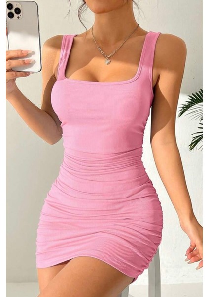 Kadın Pembe Askılı Fitilli Örme Kaşkorse Elbise