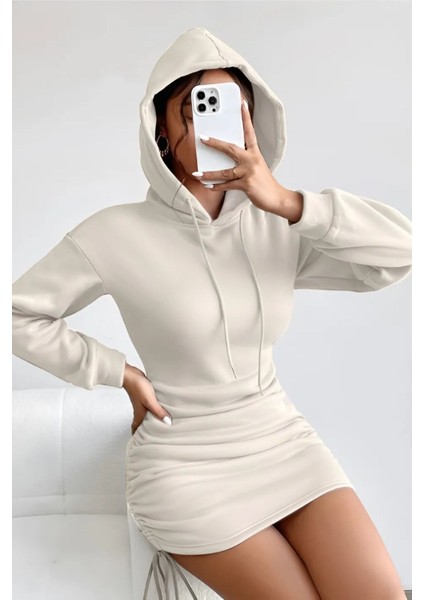 Kadın Beyaz Kapüşonlu Yanları Büzgülü Basic Trend Elbise ( Mevsimlik ve Kışlık)