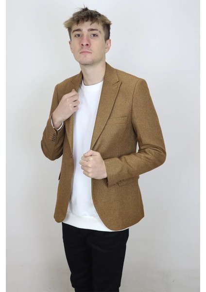 Fistan Store Erkek Camel Italyan Kesim Dar Kalıp Tek Düğme Yazlık Blazer Ceket