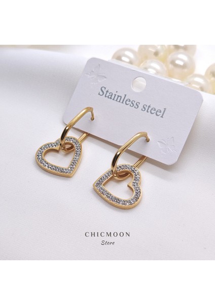 Çelik Altın Rengi Taşlı Kalp Halka Küpe