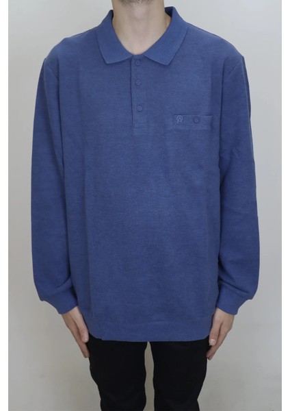 Fistan Store Erkek Indigo Klasik Kesim Rahat Kalıp Polo Yaka Tek Cepli Kışlık Battal Selanik Kazak