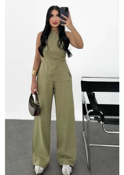 Kadın Keten Asimetrik Tek Omuzlu Bluz Pantalon Takım- Su Yeşili