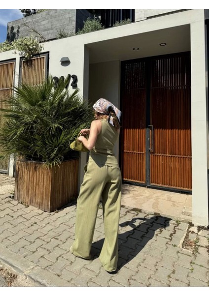 Kadın Keten Asimetrik Tek Omuzlu Bluz Pantalon Takım- Su Yeşili