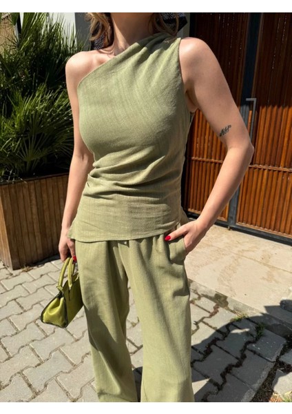 Kadın Keten Asimetrik Tek Omuzlu Bluz Pantalon Takım- Su Yeşili