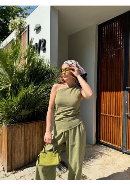 Kadın Keten Asimetrik Tek Omuzlu Bluz Pantalon Takım- Su Yeşili