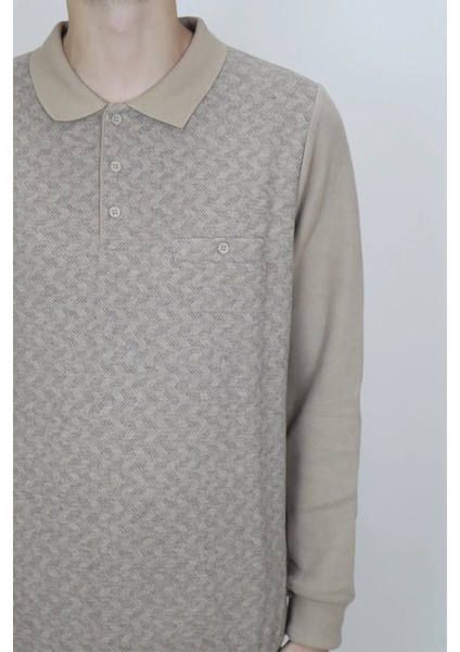 Fistan Store Erkek Bej Desenli Klasik Kesim Rahat Kalıp Polo Yaka Tek Cepli Kışlık Selanik Kazak