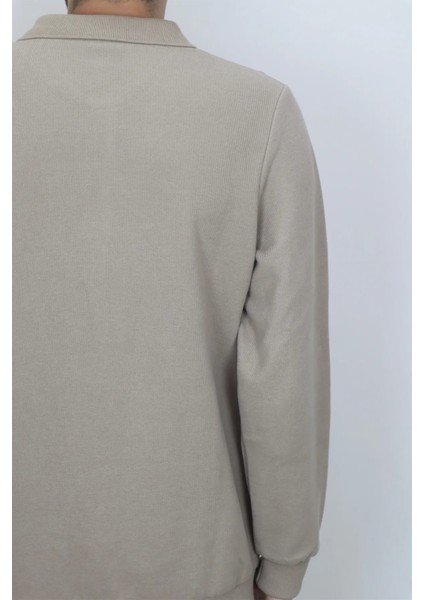 Fistan Store Erkek Bej Desenli Klasik Kesim Rahat Kalıp Polo Yaka Tek Cepli Kışlık Selanik Kazak