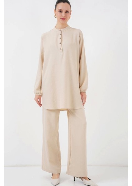 6678 Keten Tunik Pantolon Ikili Takım - Bej