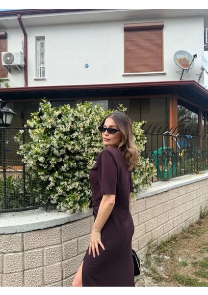 Kadın Kısa Kollu Uzun Yandan Yırtmaçlı Elbise - Kahverengi