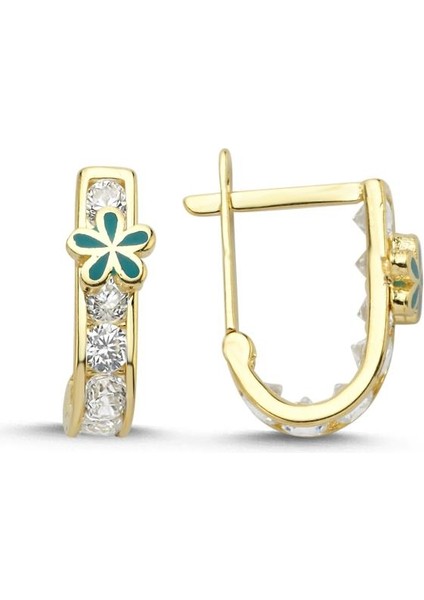 14 Ayar Taşlı Yeşil Çiçek Tasarım Çocuk Altın Küpe