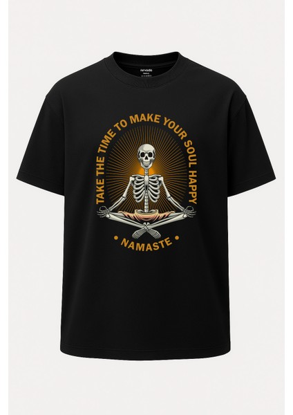Oversize Namaste Yoga Iskelet Unisex Siyah Tişört