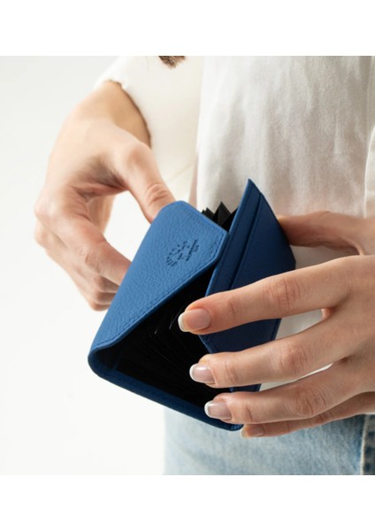 Hakiki Deri Unisex Akordiyon Kartlık - Mat Saks Mavi fırsatları