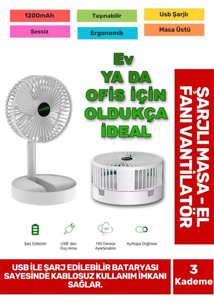 Ultra Sessiz 3 Kademeli Hafif Kablosuz 1200MAH Pervane Taşınabilir USB Şarjlı Masa El Fan Vantilatör