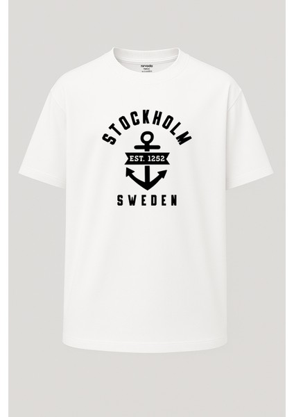 Oversize Stockholm Isveç Çapa Baskılı Unisex Tişört