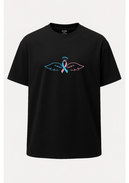 Oversize Pembe Mavi Kurdele Melek Kanadı Baskılı Unisex Tişört