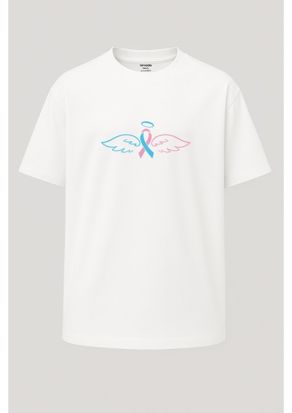 Oversize Pembe Mavi Kurdele Melek Kanadı Baskılı Unisex Tişört