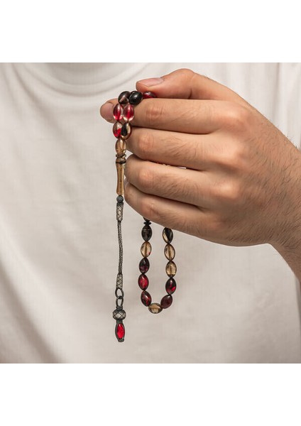 Sıkma Kehribar Kazaz Püsküllü 1000 Ayar Gümüş Tesbih