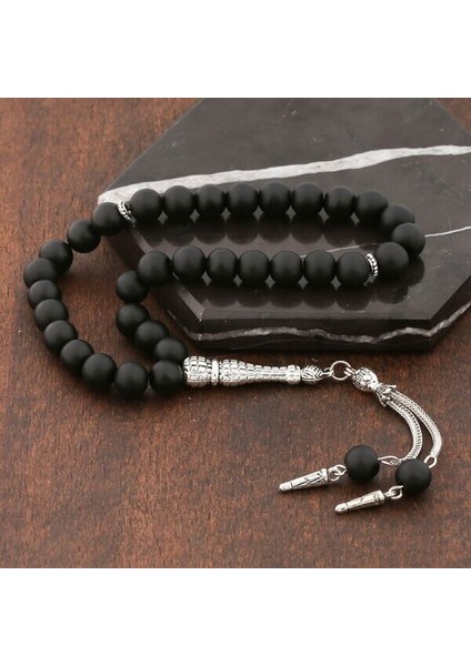 Doğal Taşlı Mat Oniks Taşlı Gümüş Tesbih