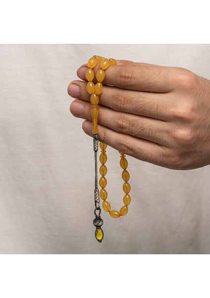 Sıkma Kehribar Kazaz Püsküllü 1000 Ayar Gümüş Tesbih