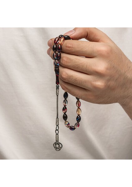 Sıkma Kehribar Kazaz Püsküllü 1000 Ayar Gümüş Tesbih